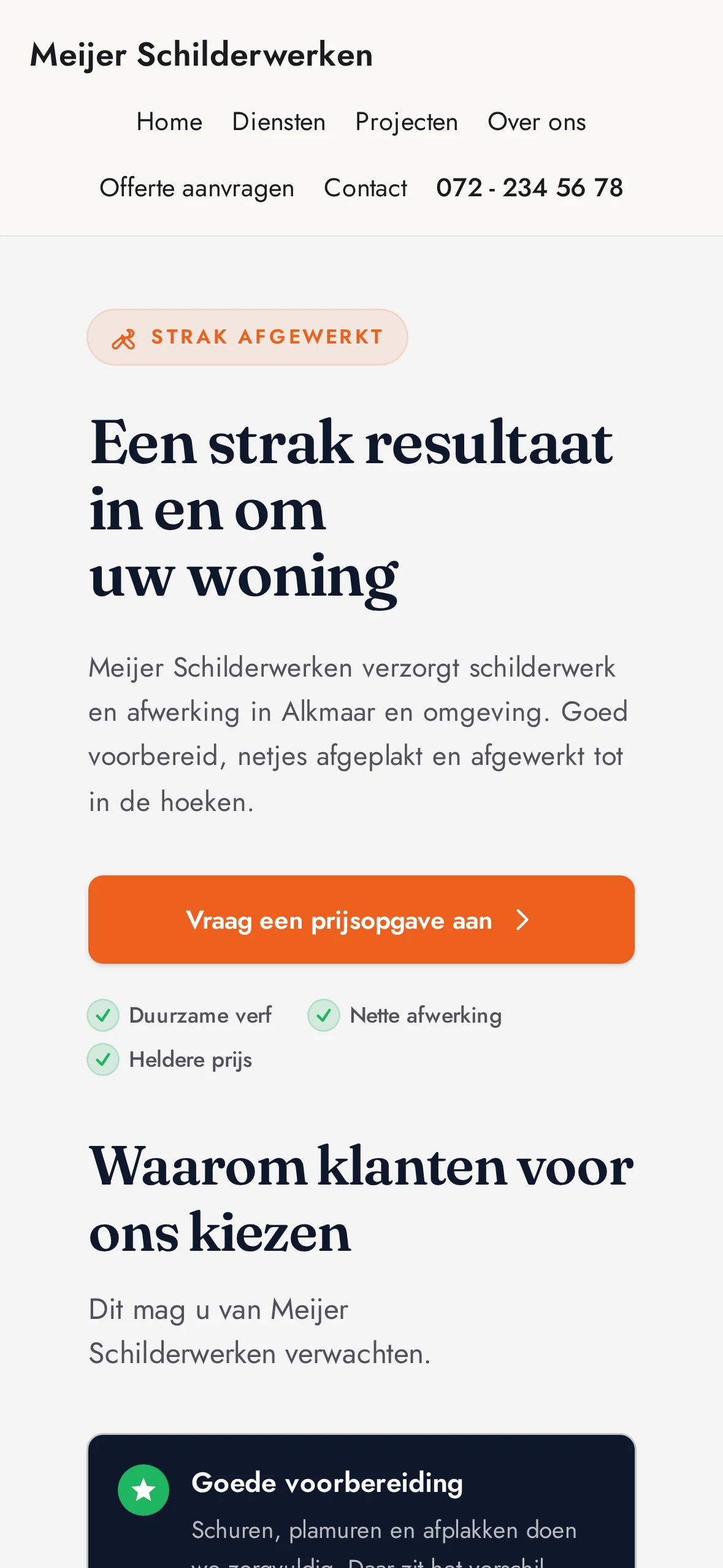 Dezelfde Vakmeister-website op telefoon, met snelknoppen naar diensten, werk en offerte.