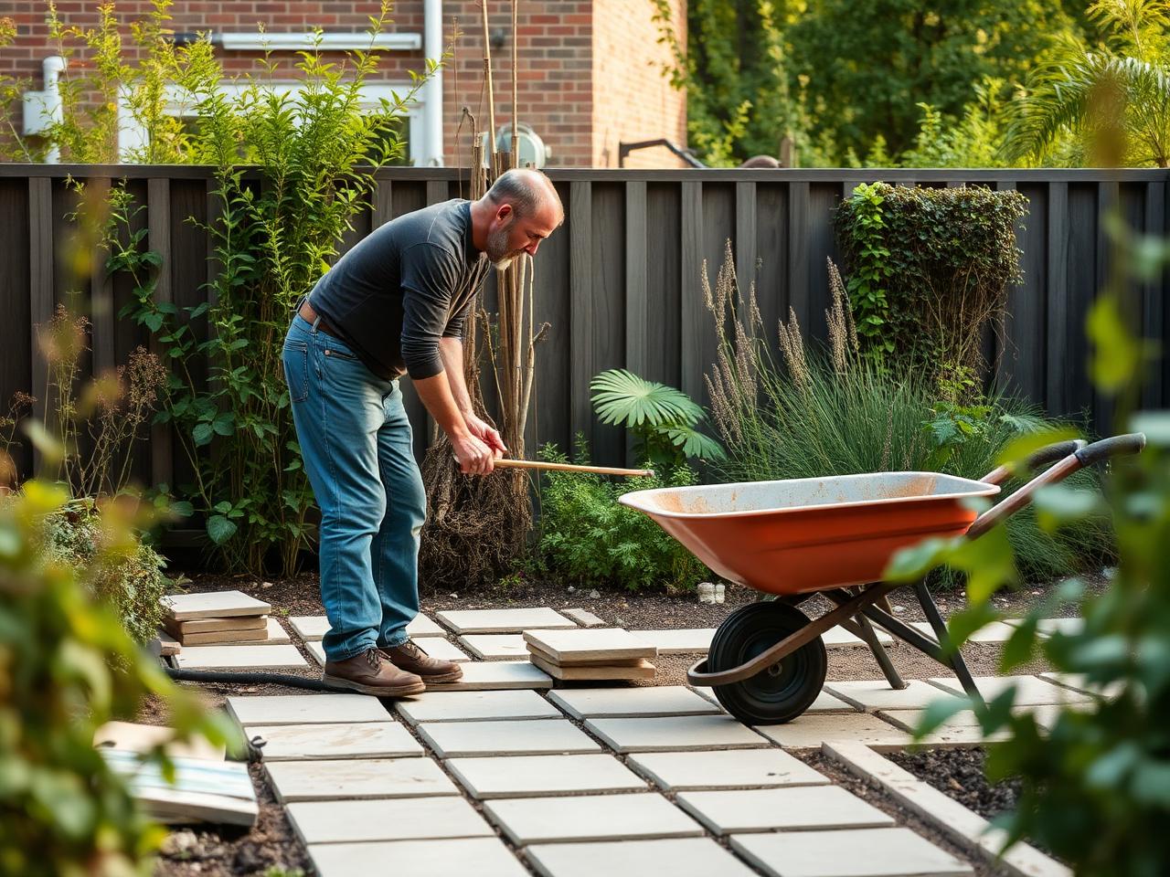 Hovenier legt bestrating aan in een achtertuin.