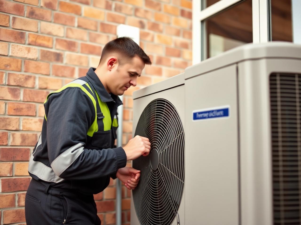 Installer adjusting a heat pump beside a home.