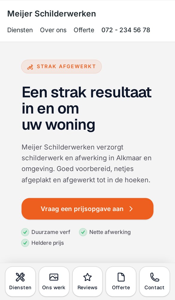 Een Vakmeister-website op een telefoon, met contactknop en projecten.