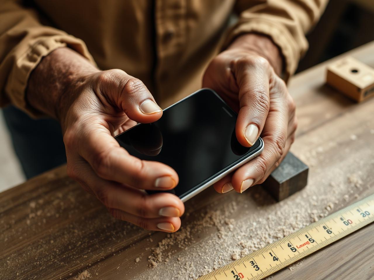 Handen van een vakman met een telefoon op een werkbank met zaagsel.
