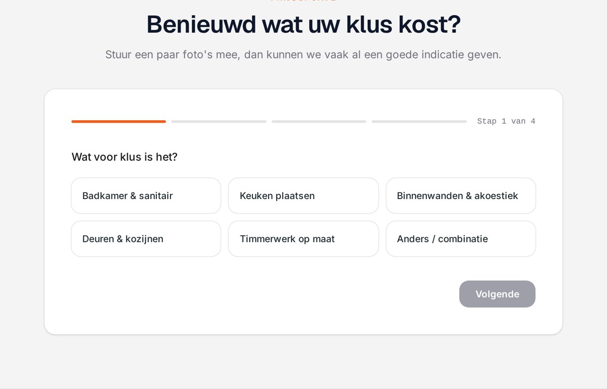 Aanvraagformulier op een Vakmeister-website waarin een klant in vier stappen zijn klus omschrijft.