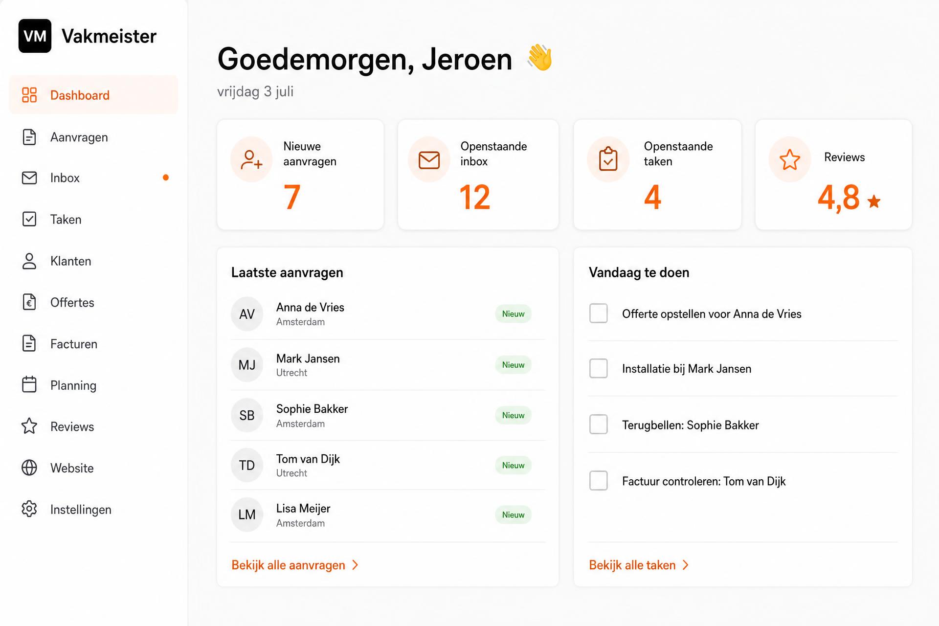 Vakmeister dashboard: aanvragen, taken, reviews en meer op één plek.