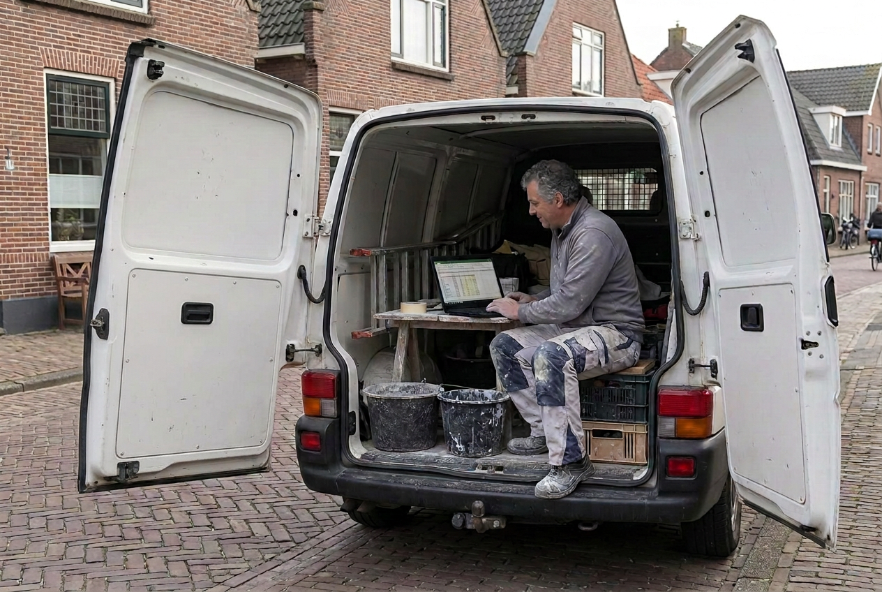 Stukadoor werkt aan een wand in een Nederlandse woning terwijl er een aanvraag binnenkomt op zijn telefoon.