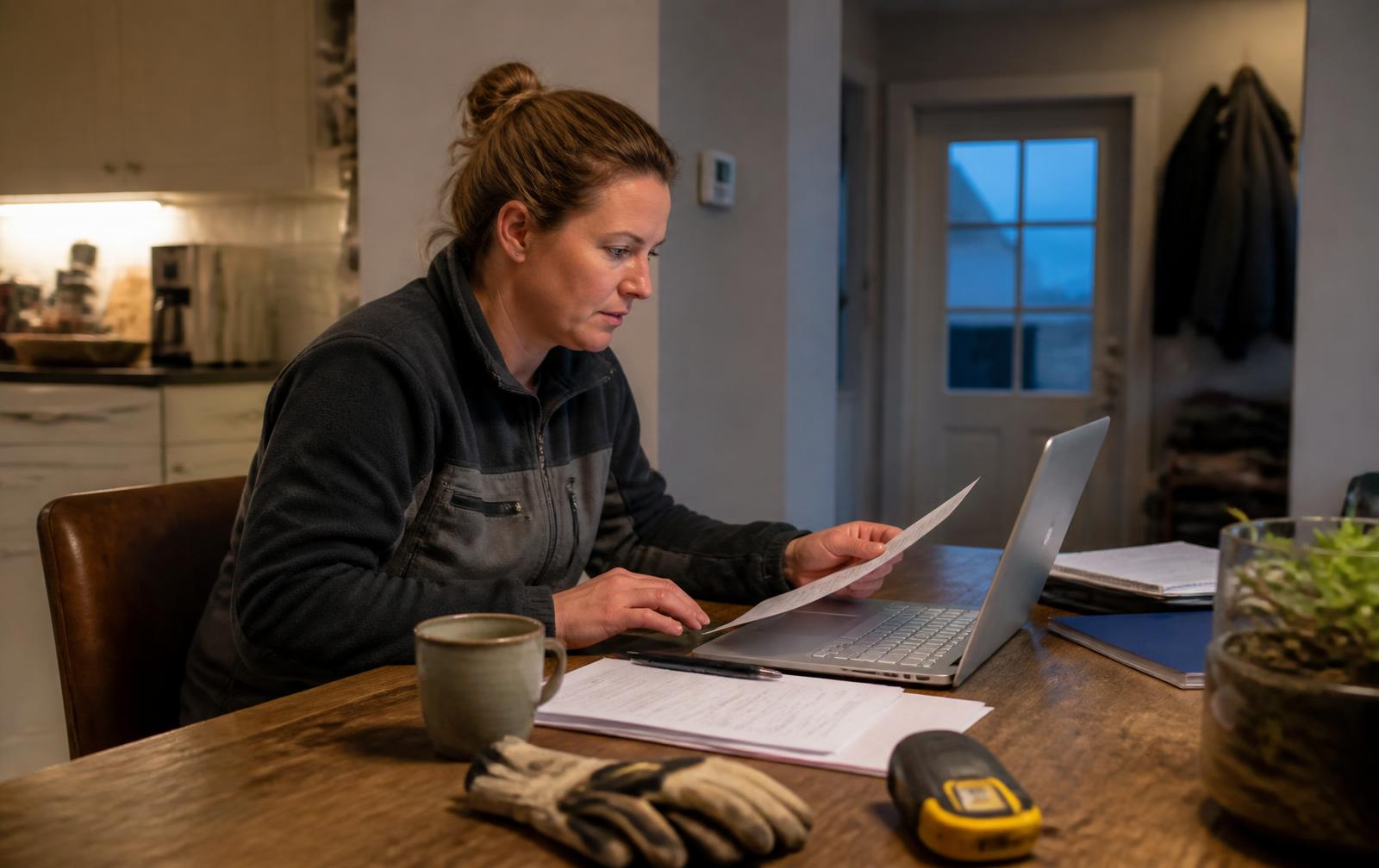 Ondernemer van een vakbedrijf werkt 's avonds aan haar administratie aan de keukentafel.