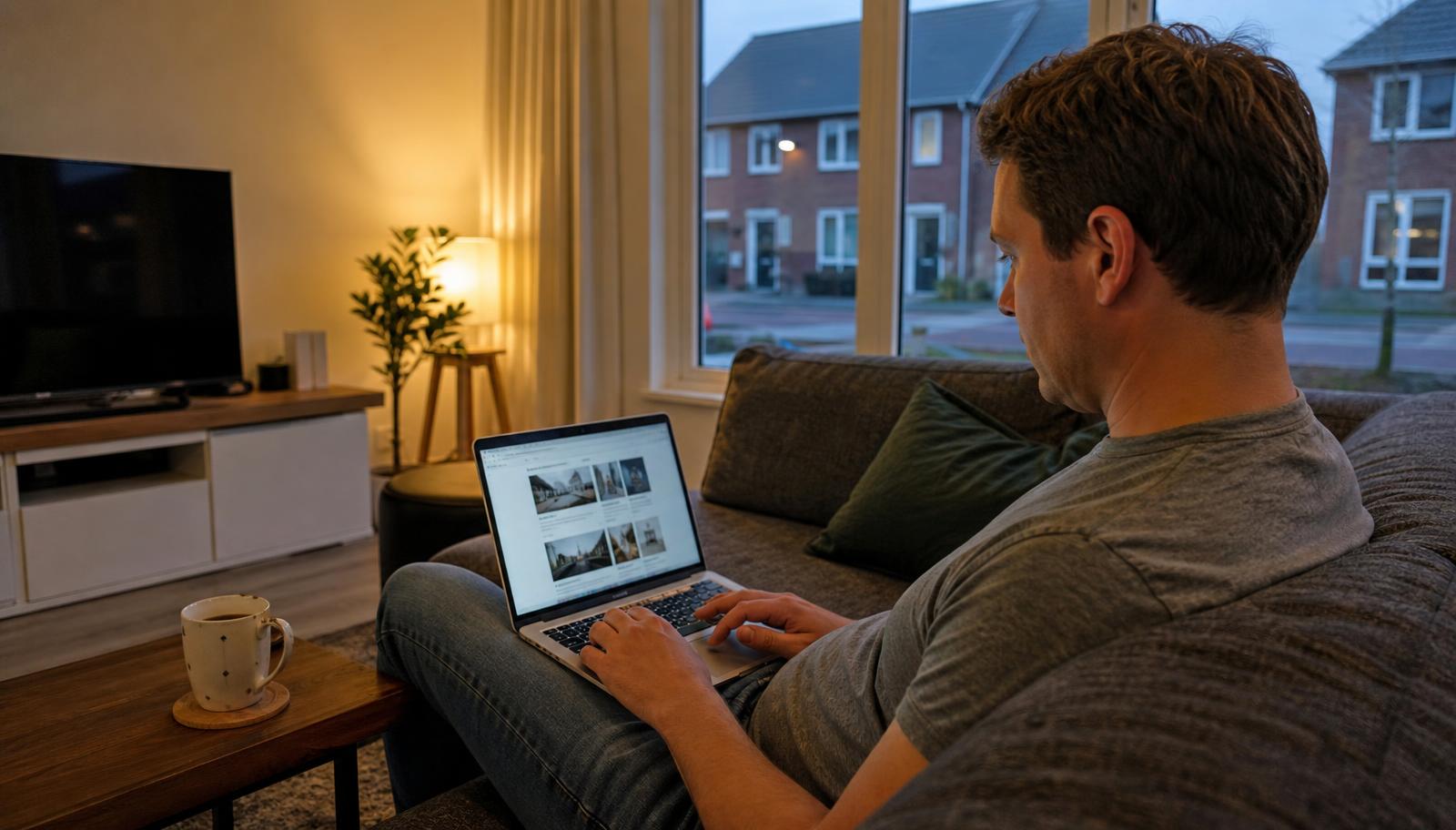 Schilder bekijkt zijn bedrijfswebsite op een laptop bij de achterdeuren van zijn bus in een Nederlandse straat.